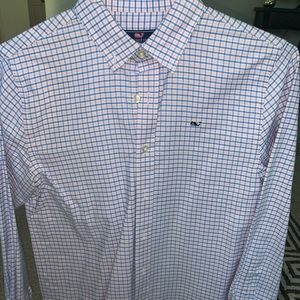 Button done pink and blue plaid